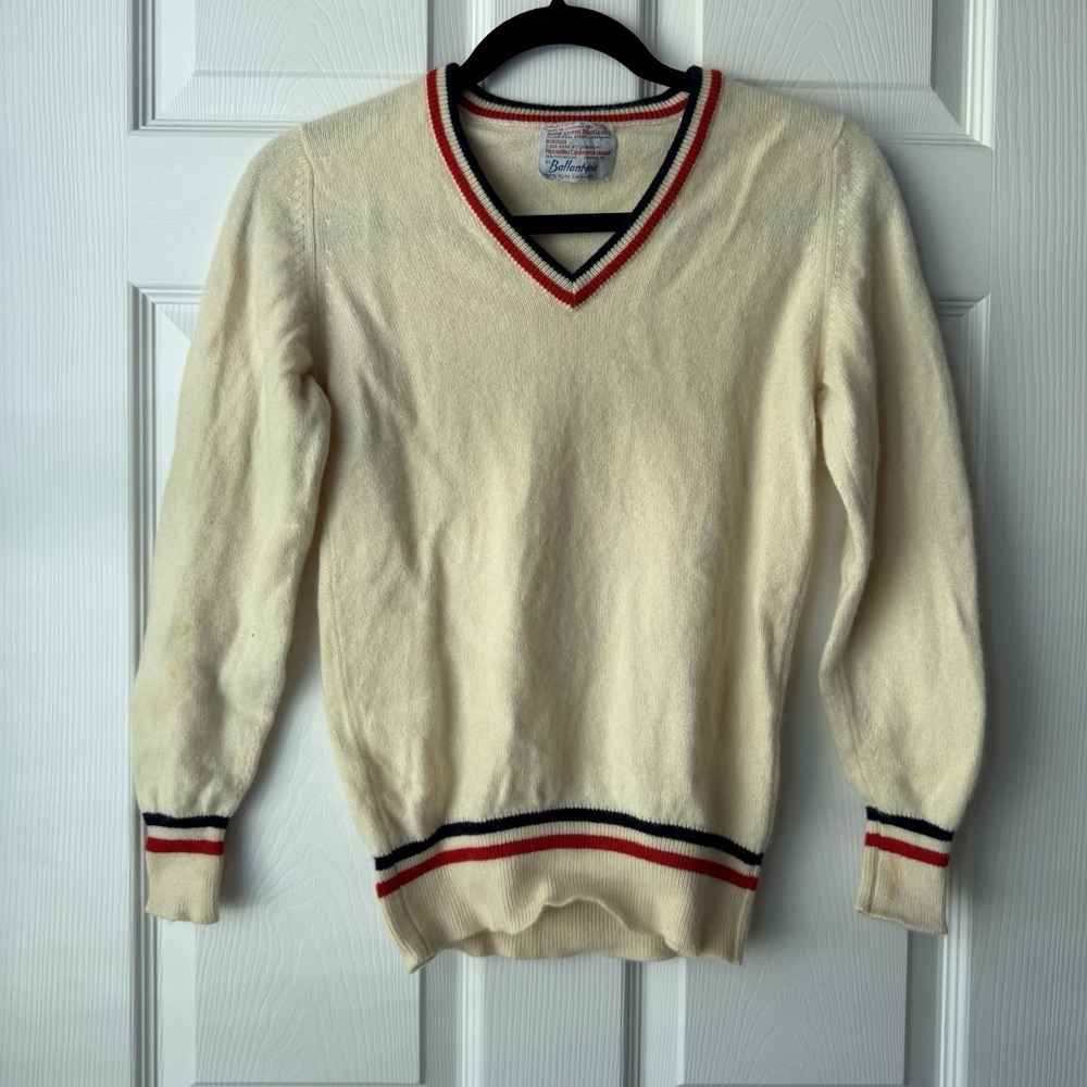 Vintage Ballantyne Pure Cashmere Cream Cricket V-Neck Sweater Red Navy Trim XS